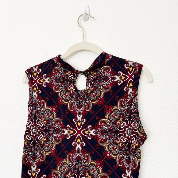 [Tommy Hilfiger] Navy Scroll Scarf Print Knot Neck Sleeveless Blouse Sz Large L - Picture 7 of 11
